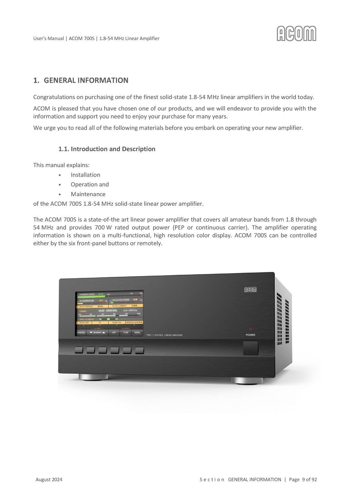 ACOM 700S Amplifier User Manual - STEEL WIRE BOUND - PROTECTIVE COVERS