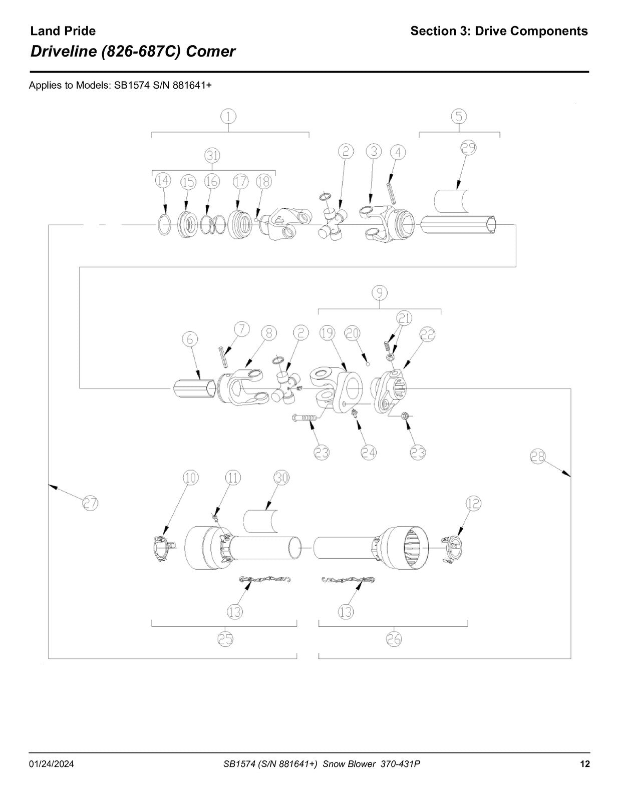 LAND PRIDE SB15 Series Snow Blowers Parts Manual 2024 - WIRE BOUND - COVERS