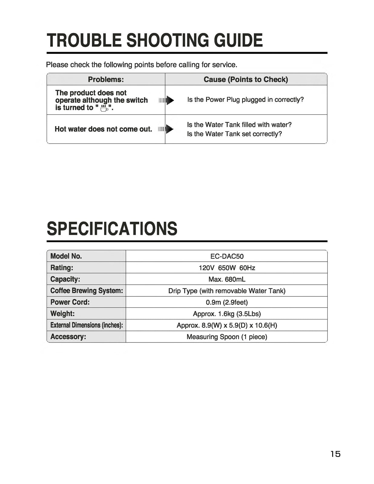 ZOJIRUSHI EC-DAC50 Zutto Coffee Maker Operating Instructions Manual - WIRE BOUND