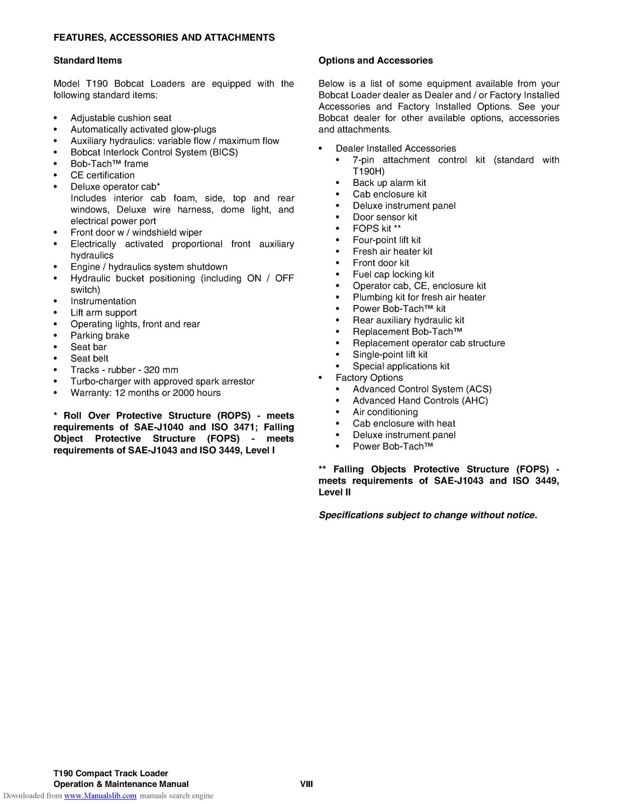 BOBCAT T190 Operation Maintenance Manual 2006 SN 531711001 Up - WIRE BOUND