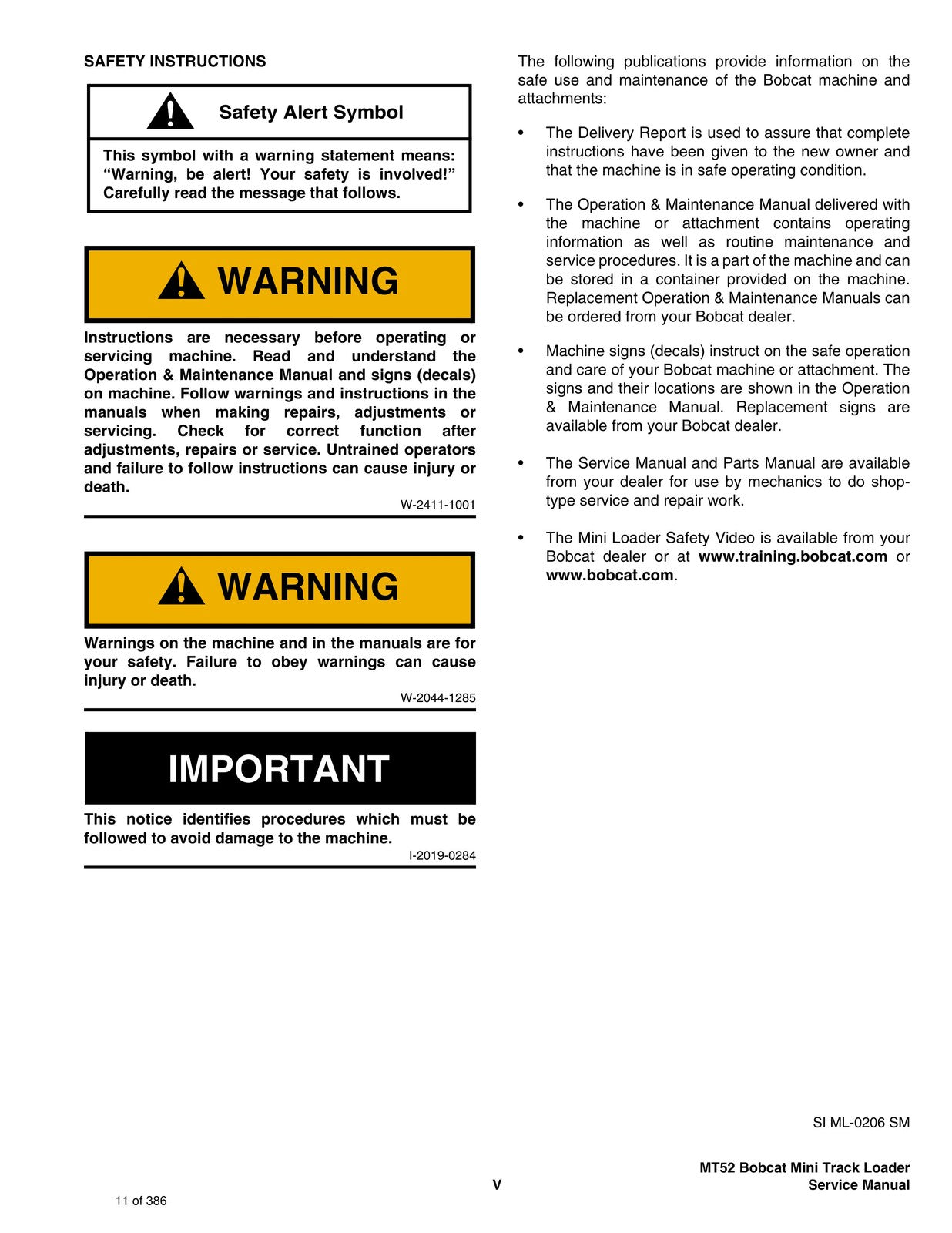 BOBCAT MT52 Mini Track Loader Service Manual SN 523611001 Up 2006, FOLDOUTS