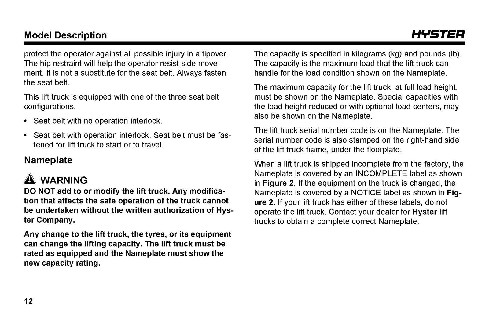 HYSTER H40-60XT A380 Warehouse Forklift Operating Manual 2019 - WIRE BOUND