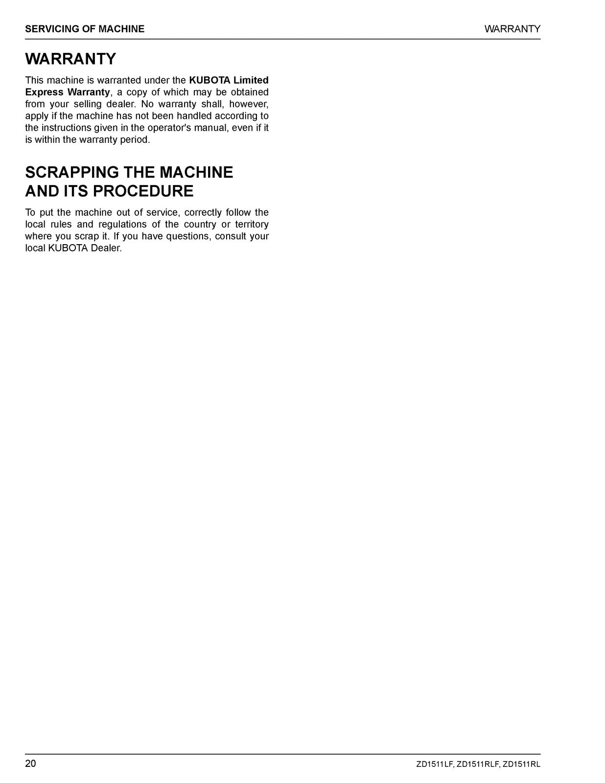 KUBOTA ZD1511LF ZD1511RLF ZD1511RL Operators Manual - WIRE BOUND - TOUGH COVERS