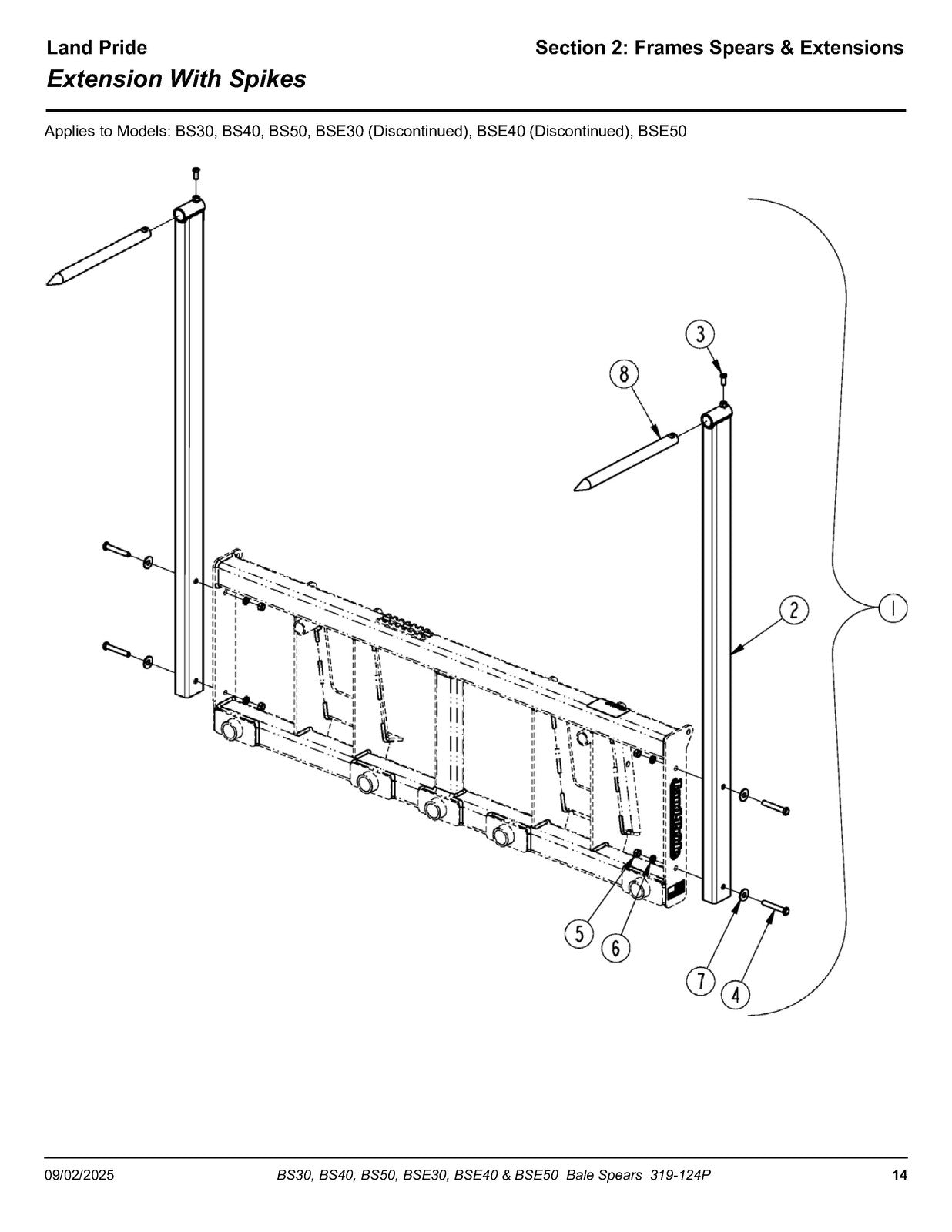 LAND PRIDE BS30 BS40 BS50 BSE50 Bale Spears Parts Manual - WIRE BOUND - COVERS