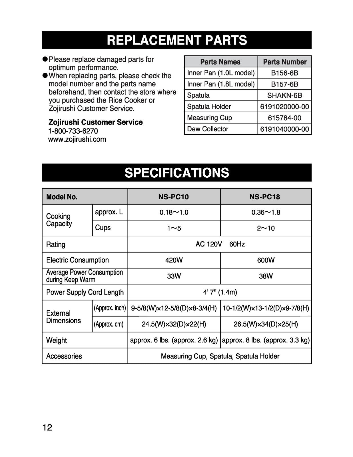 ZOJIRUSHI NS-PC10 18 Electric Rice Cooker  Operating Instructions Manual