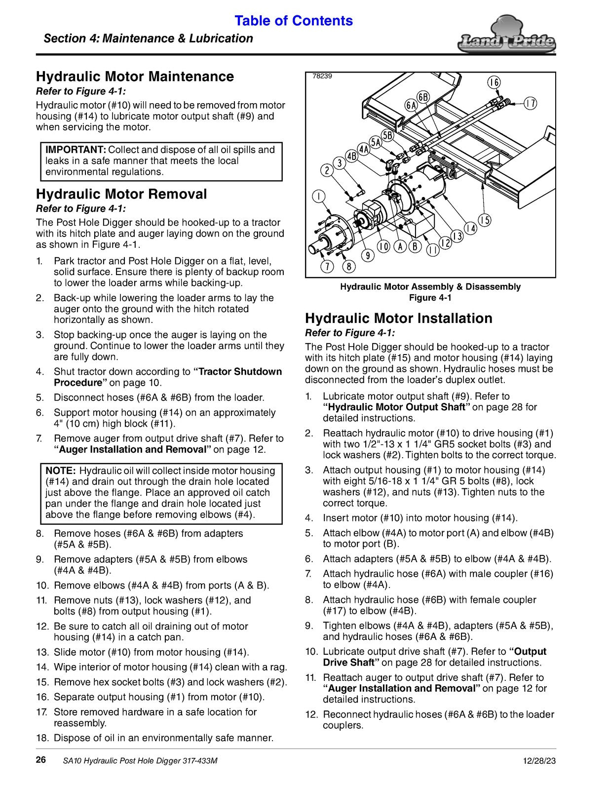 LAND PRIDE SA10 Series Hydraulic Post Hole Digger Operators Manual - WIRE BOUND