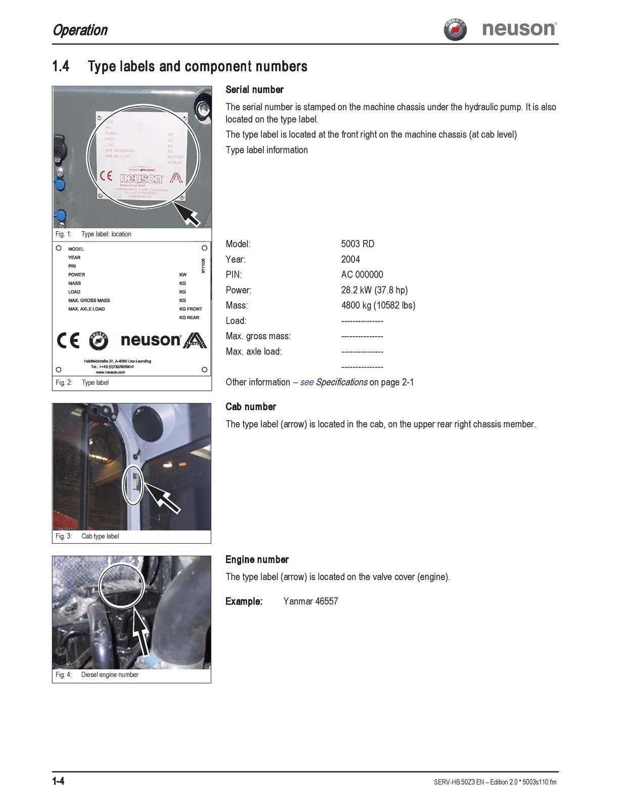 NEUSON 50Z3 Track Excavator Service Manual Edition 20 - WIRE BOUND - COVERS