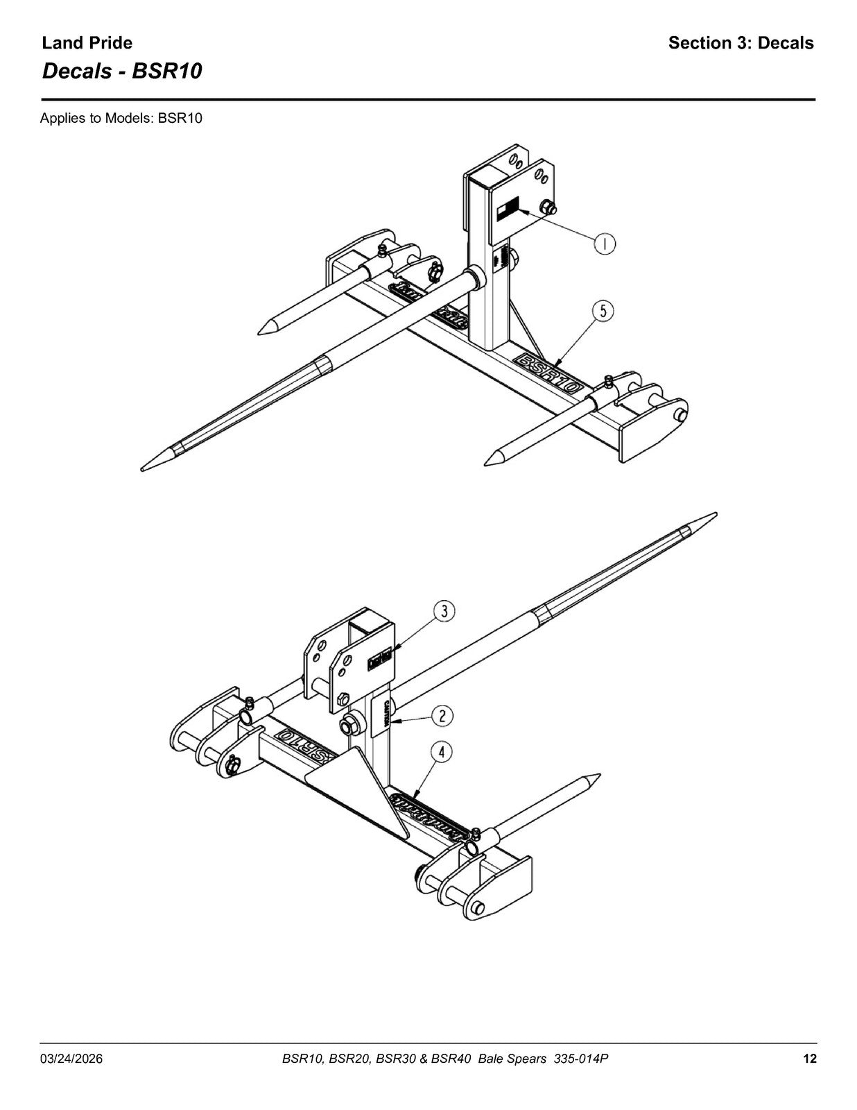 LAND PRIDE BSR10 Series Bale Spears Parts Manual 2026 - WIRE BOUND - COVERS