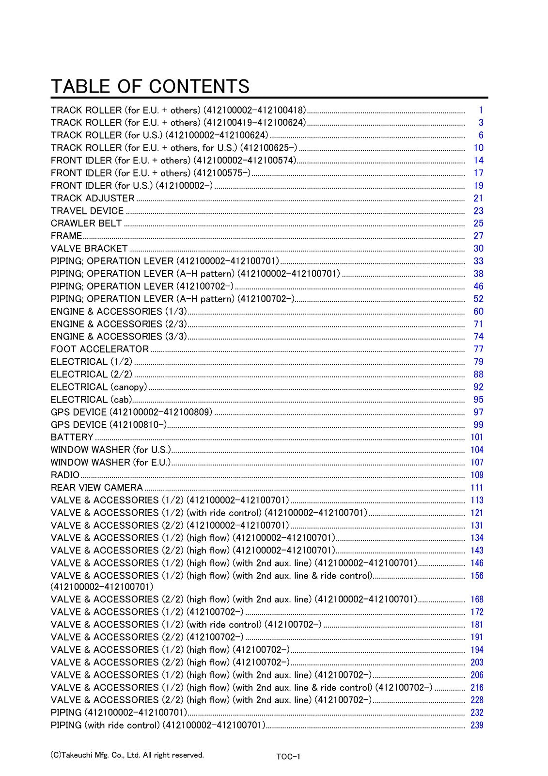 TAKEUCHI TL12R2 Track Loader Parts Manual SN 412100002 and Up - WIRE BOUND