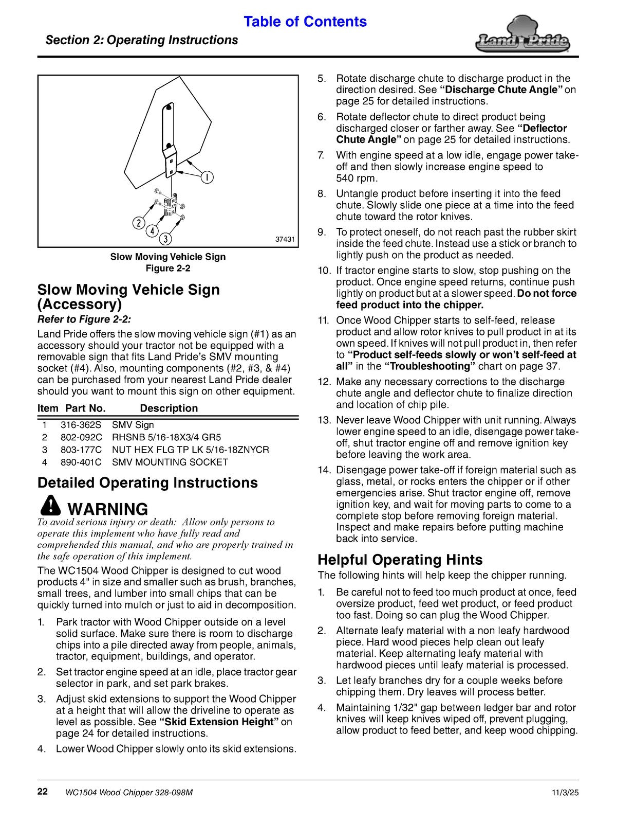 LAND PRIDE WC1504 Wood Chippers Operators Manual - WIRE BOUND - TOUGH COVERS