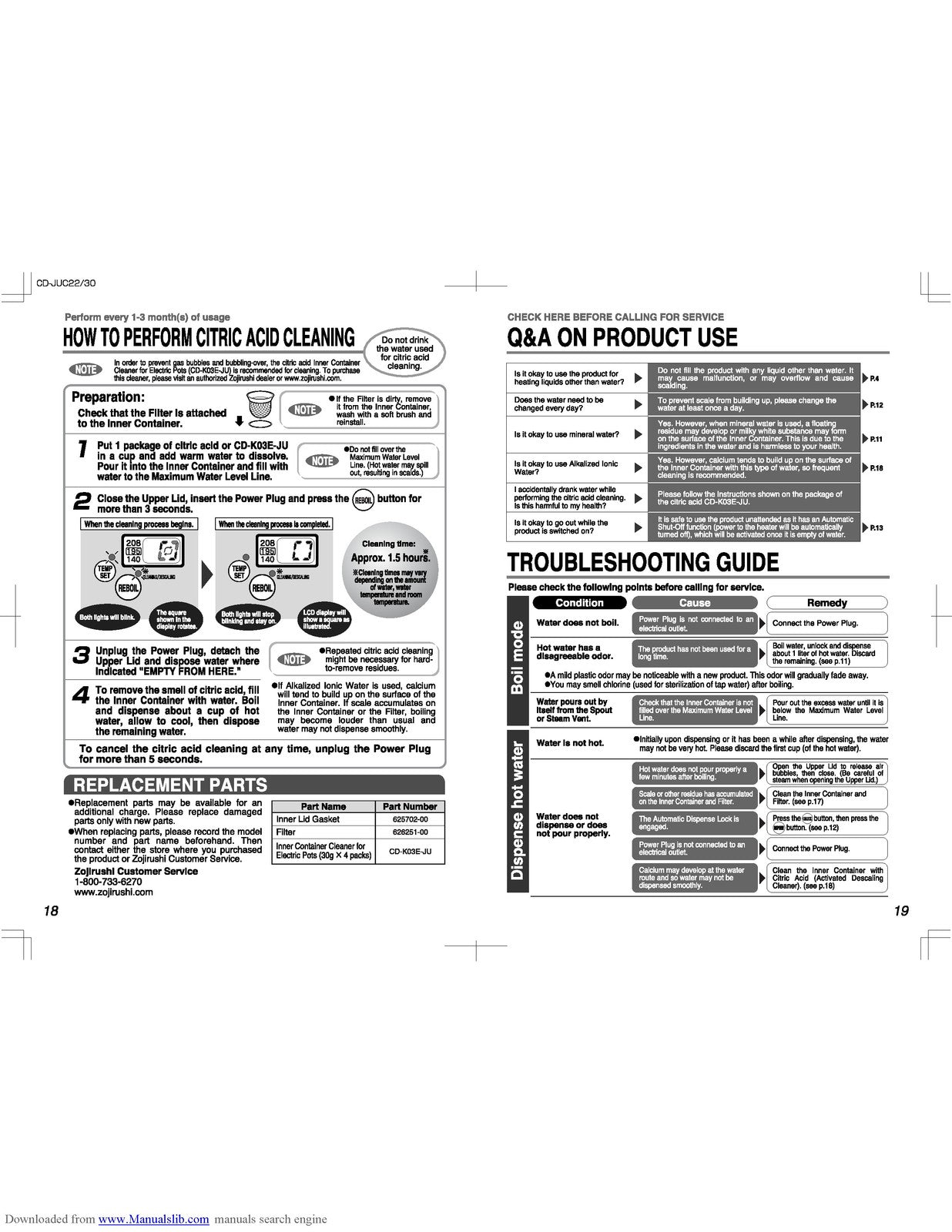 ZOJIRUSHI CD-JUC22 CD-JUC30 Operating Instructions Manual - WIRE BOUND - COVERS