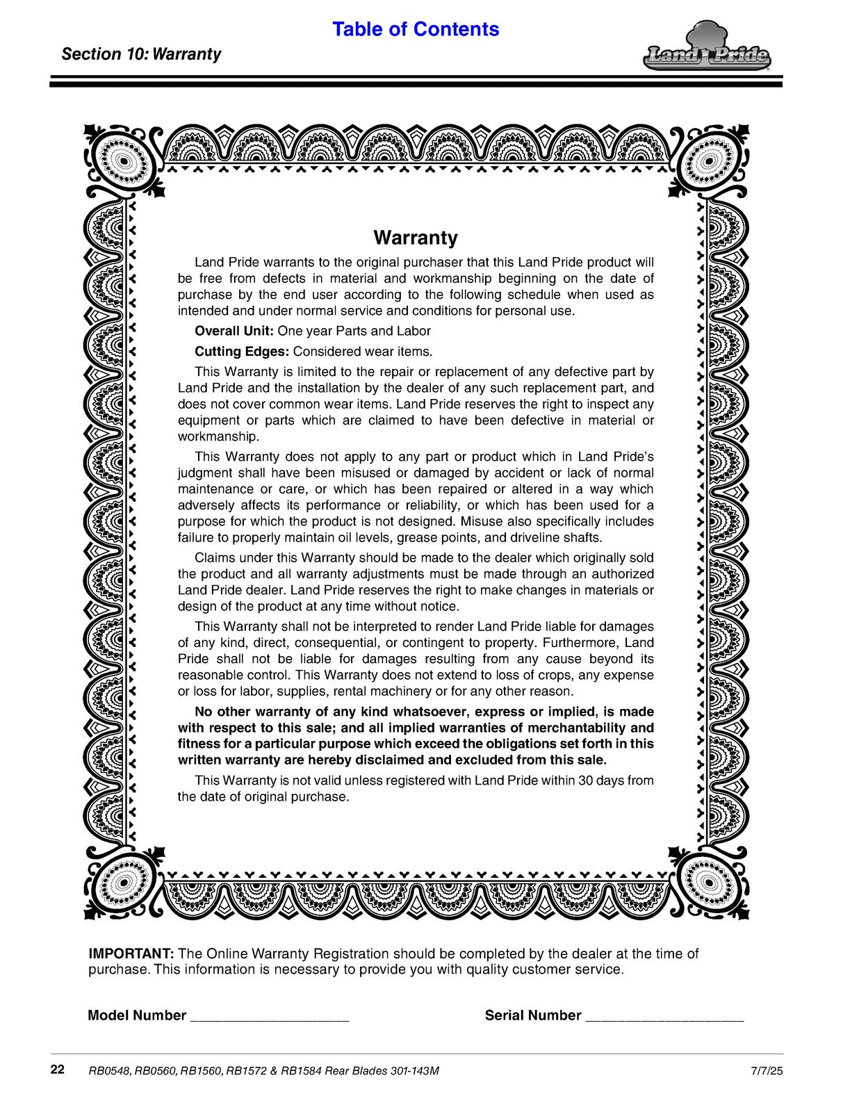LAND PRIDE RB05 Series Rear Blades Operators Manual - WIRE BOUND - TOUGH COVERS