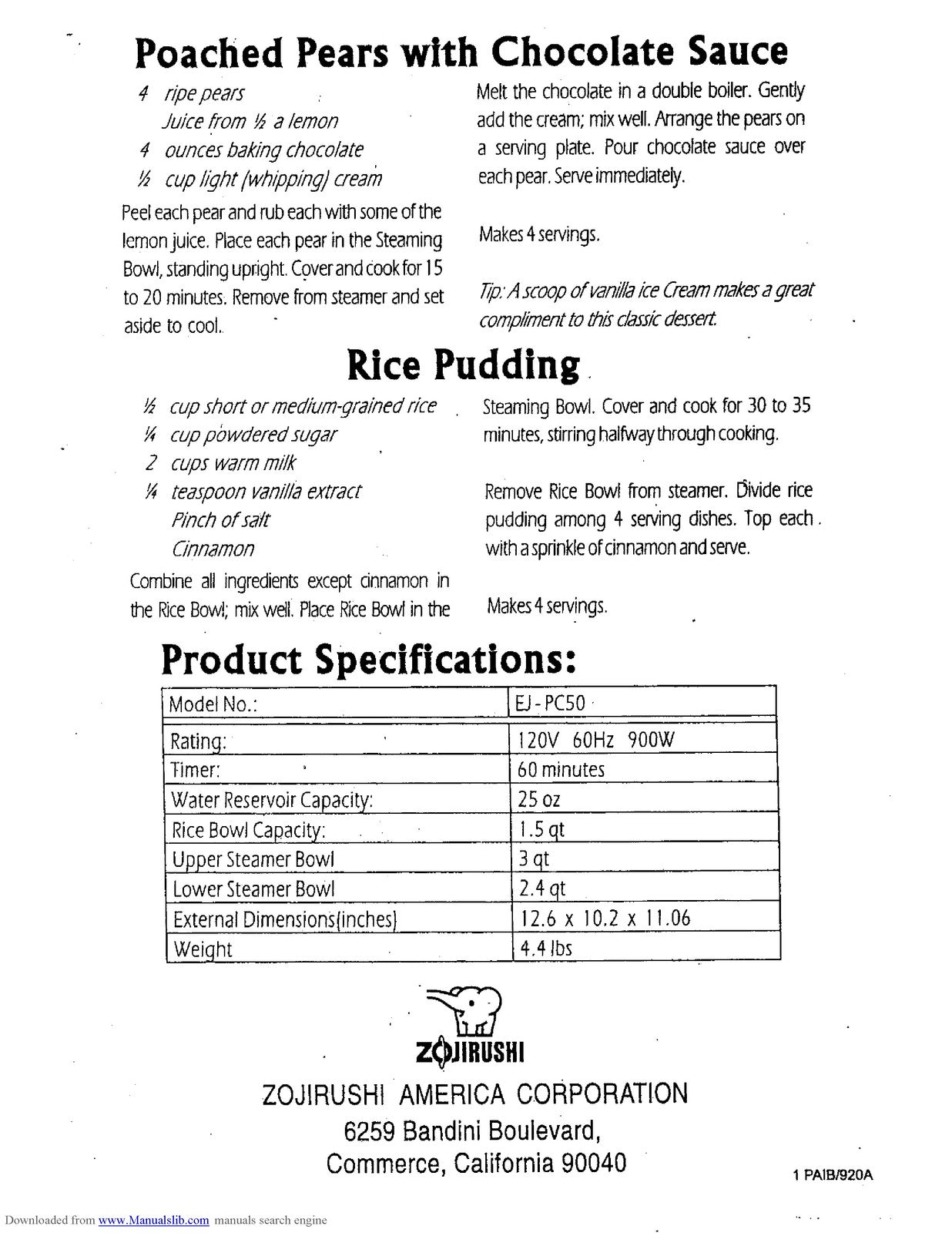 ZOJIRUSHI EJ-PC50 Food Steamer Operating Instructions And Recipe Manual - BOUND