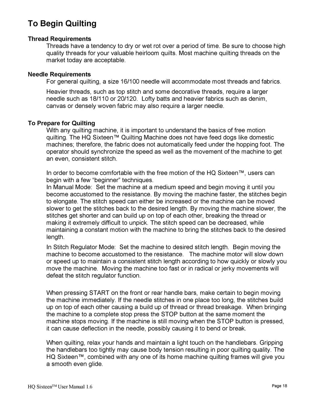 HANDI QUILTER HQ Sixteen User Manual - WIRE BOUND - TOUGH COVERS