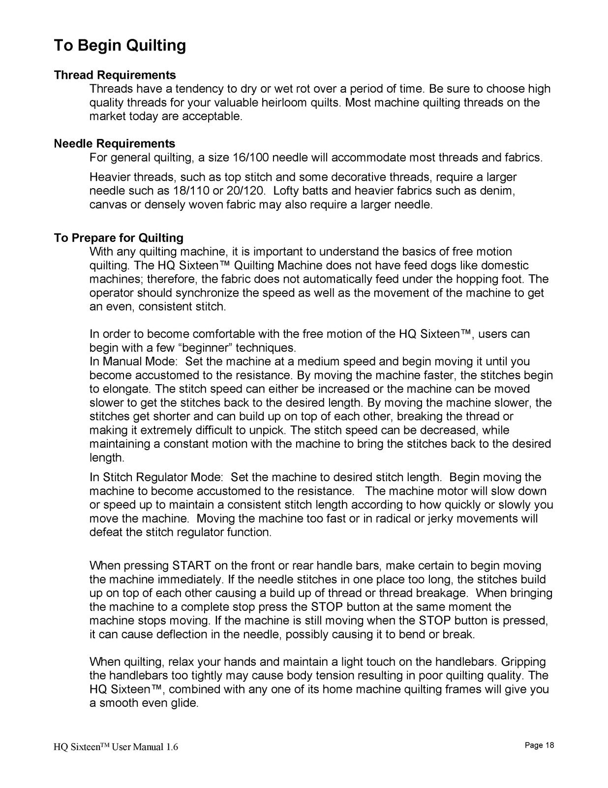 HANDI QUILTER HQ Sixteen User Manual - WIRE BOUND - TOUGH COVERS