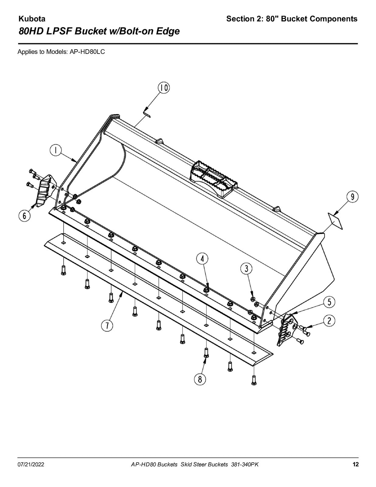 LAND PRIDE HD80 SL HD Series Buckets Parts Manual 2022 - WIRE BOUND - COVERS
