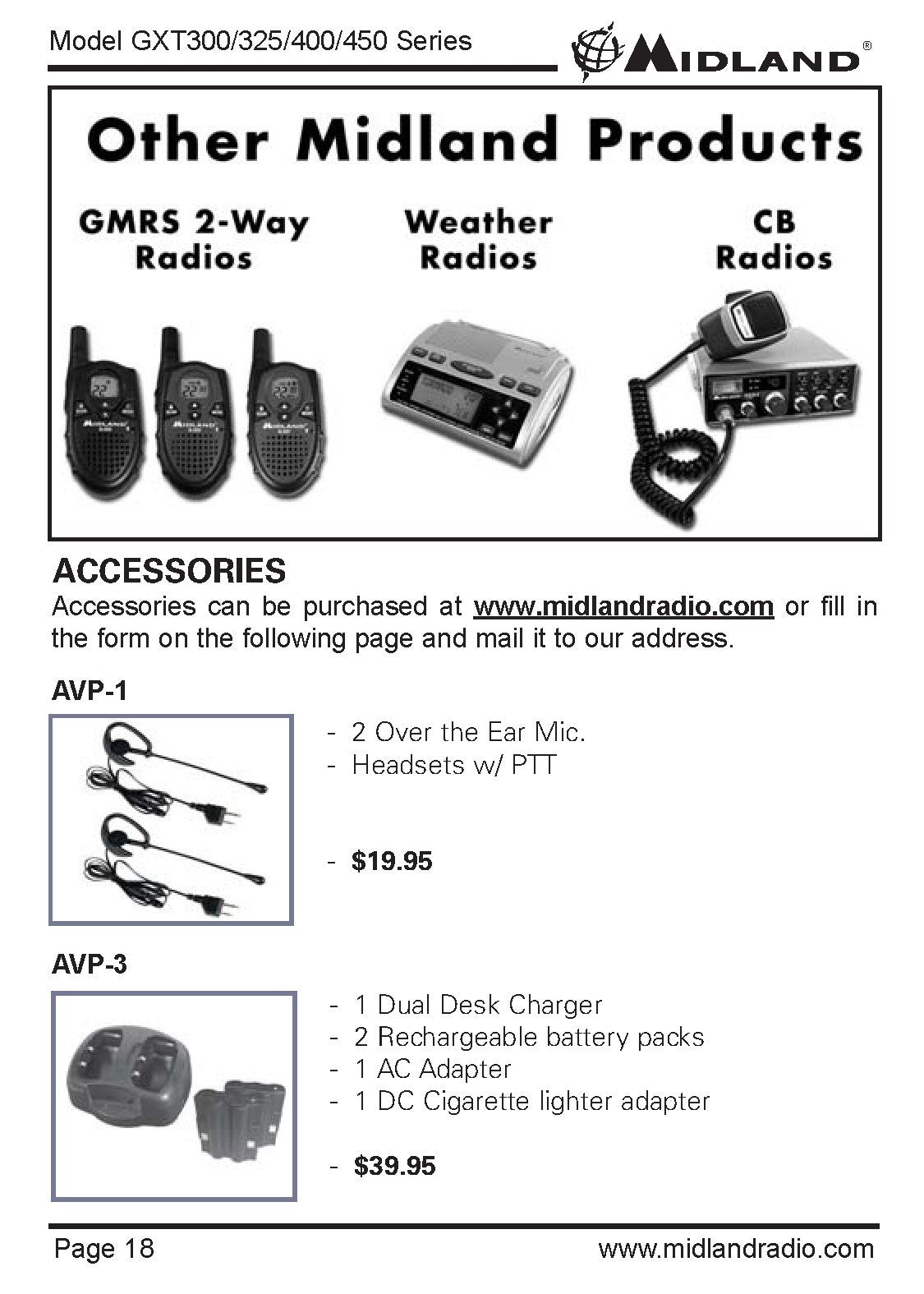 MIDLAND GXT300 GXT325 GXT400 GXT450 GMRS FRS Radio Owners Manual - WIRE BOUND