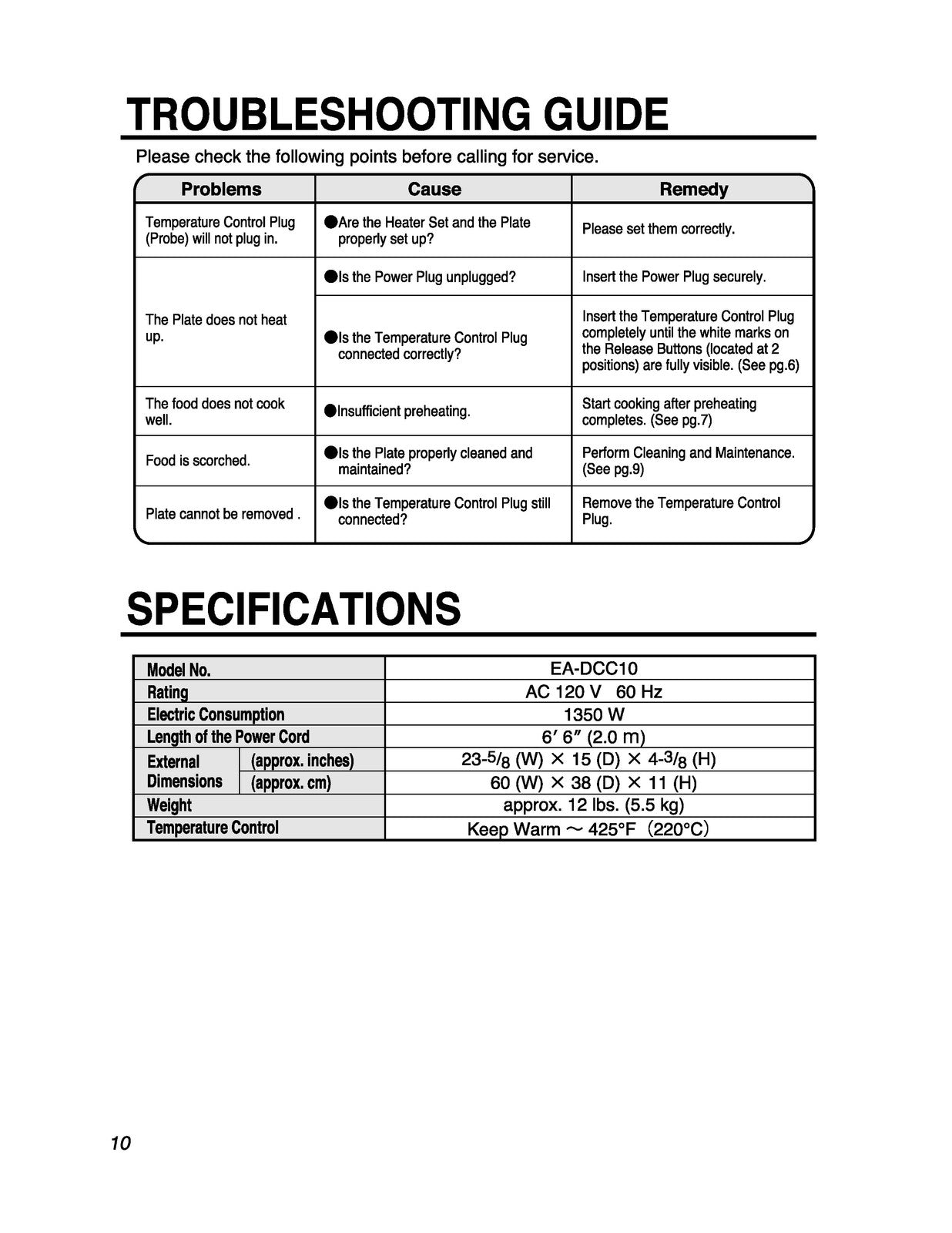 ZOJIRUSHI EA-DCC10 Gourmet Sizzler Electric Operating Instructions Manual