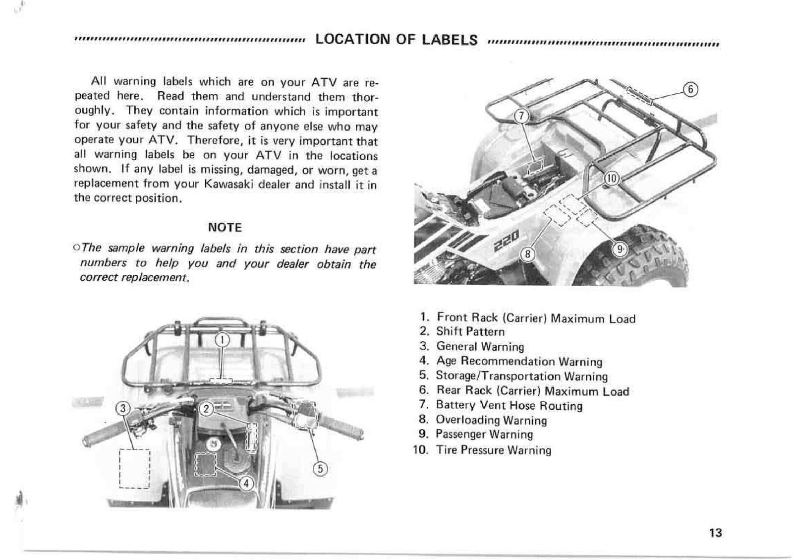 KAWASAKI Bayou 220 Owners Manual 1993 - STEEL WIRE BOUND - PROTECTIVE COVERS