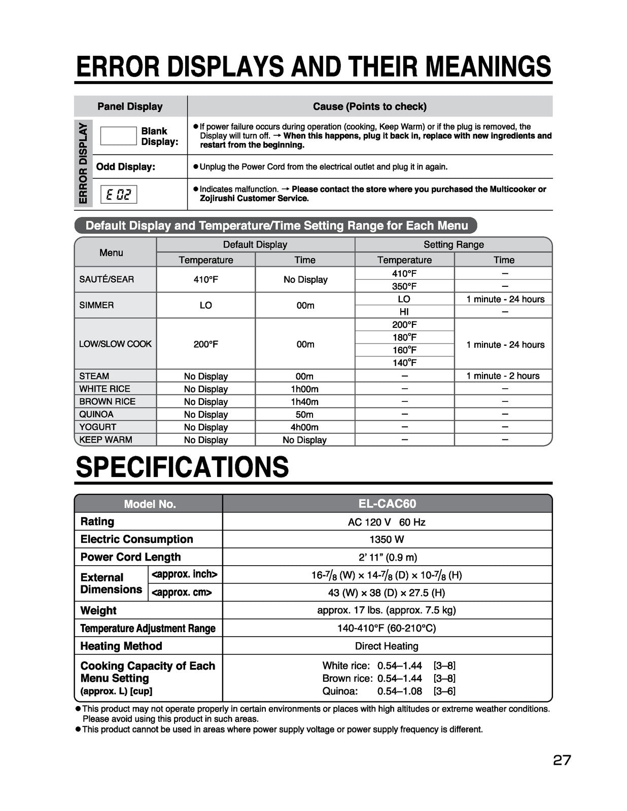 ZOJIRUSHI EL-CAC60 Multicooker Operating Instructions Manual - WIRE BOUND