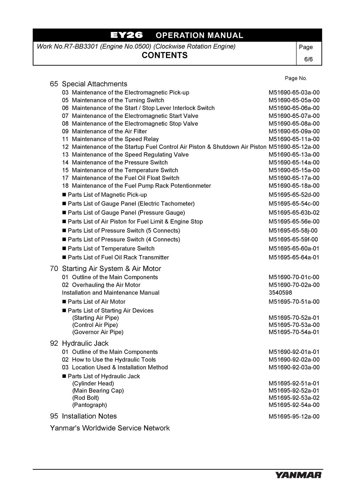 YANMAR 6EY26 Marine Propulsion Engine Operation Manual - WIRE BOUND - COVERS
