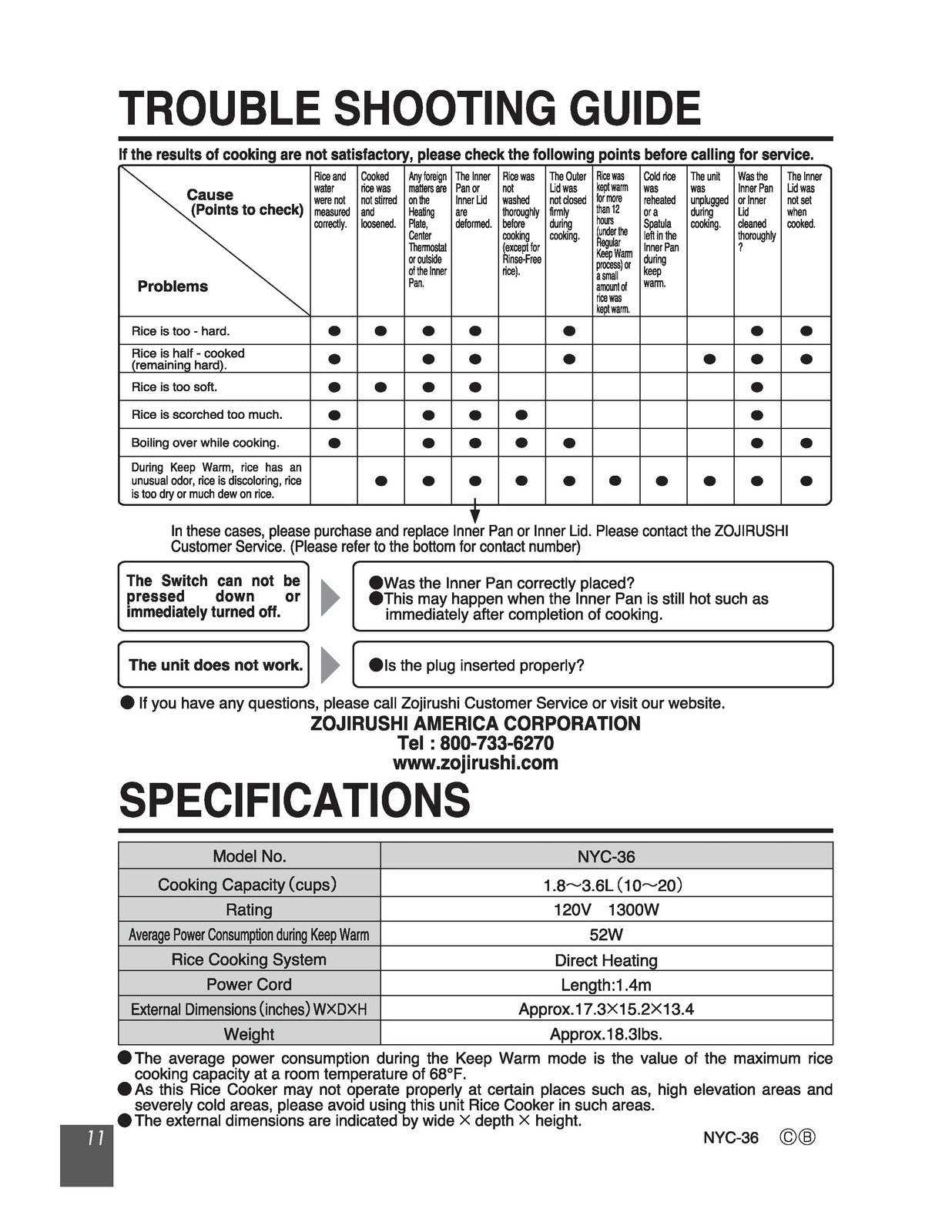 ZOJIRUSHI NYC-36 Commercial Rice Cooker  Operating Instructions Manual - BOUND