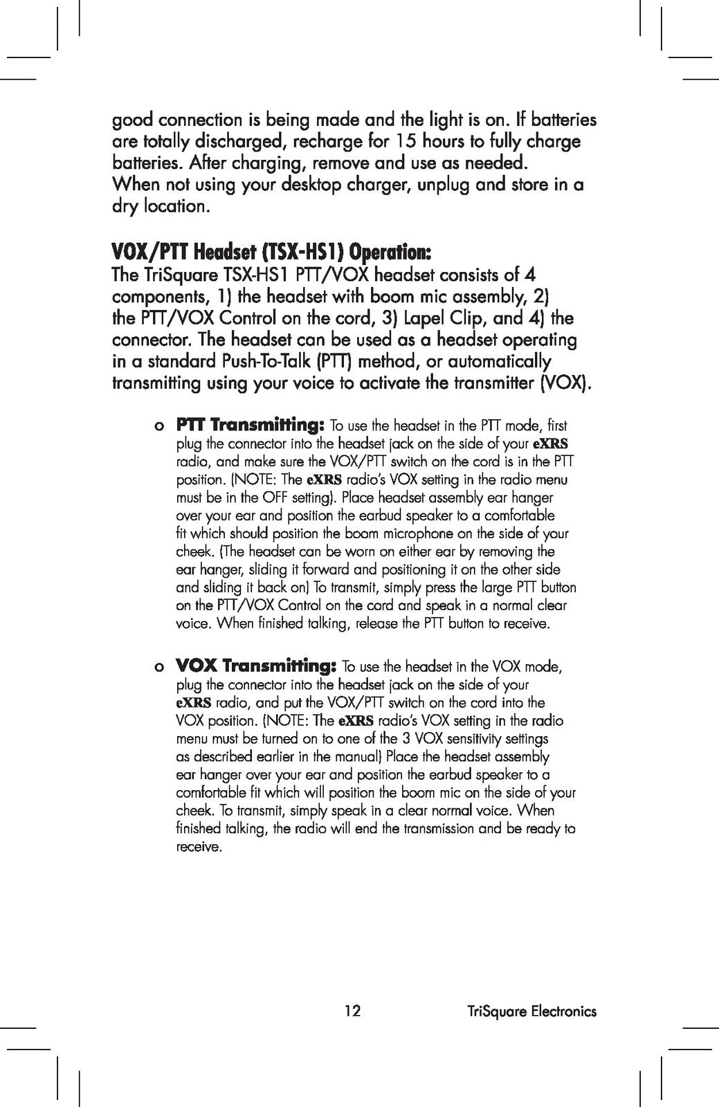 TRISQUARE TSX100 eXRS Two-Way Radio Owners Manual - WIRE BOUND - TOUGH COVERS