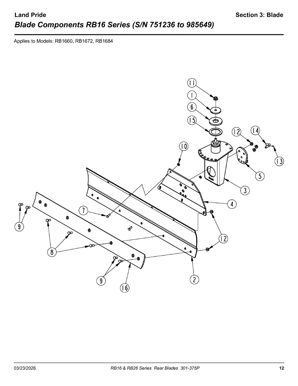 LAND PRIDE RB16 Series Rear Blades Parts Manual 2026 - WIRE BOUND - TOUGH COVERS