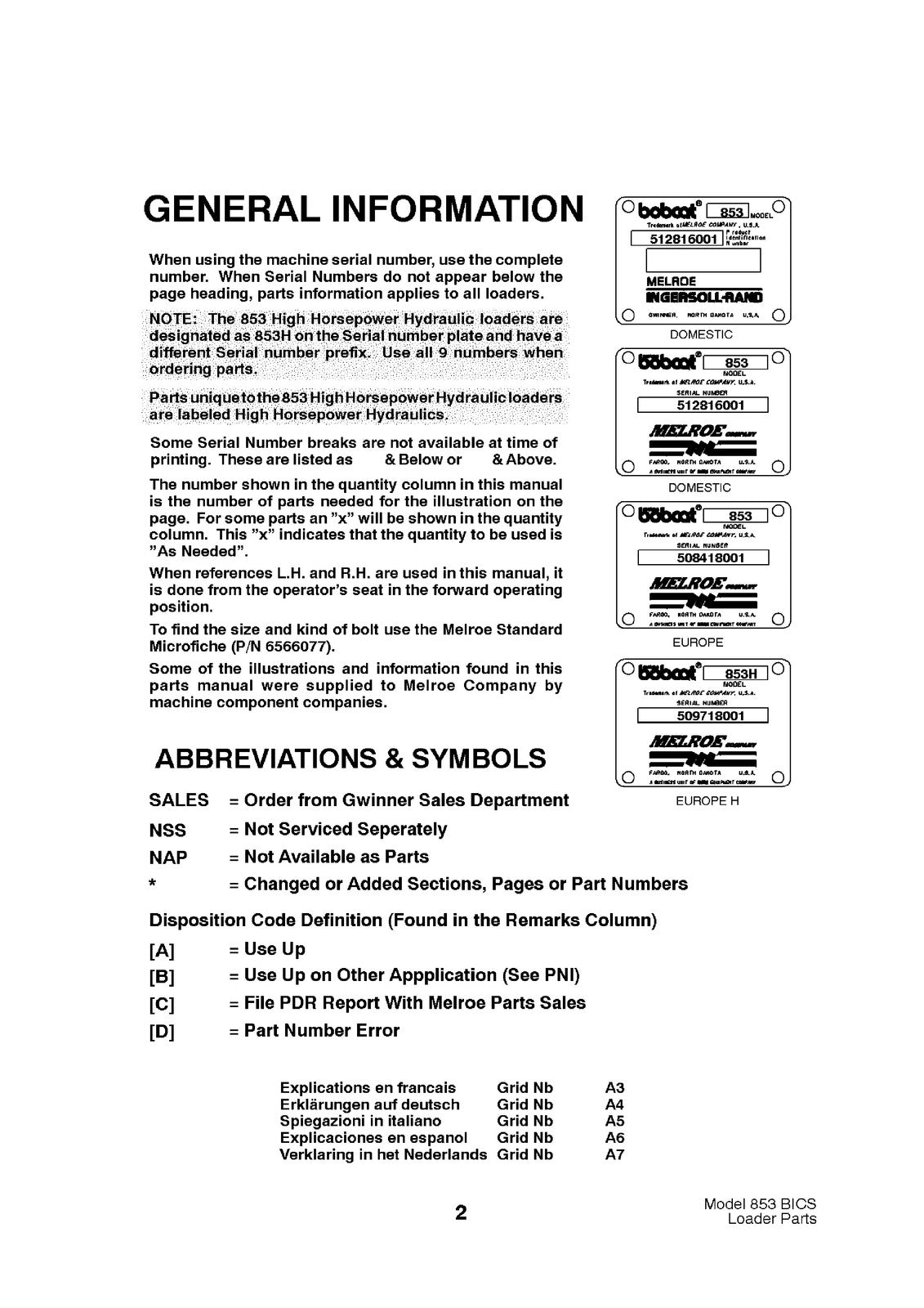 BOBCAT 853 Parts Manual 1998 SN 508418001 Up - STEEL WIRE BOUND - TOUGH COVERS
