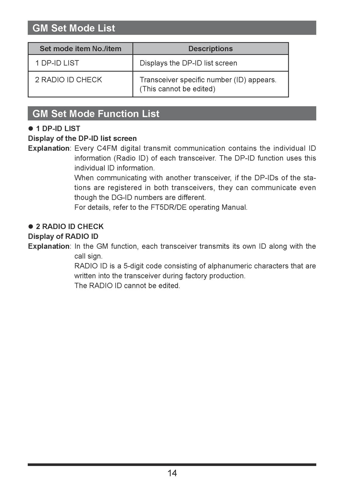 YAESU FT5DR FT5DE Dual Band Digital Transceiver GM Function Manual - WIRE BOUND