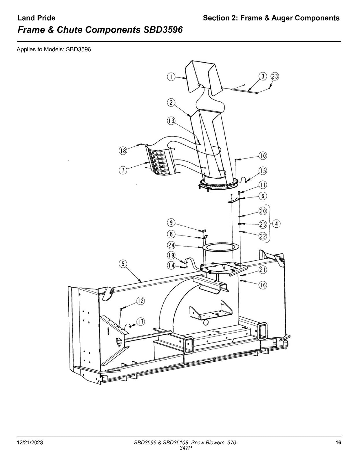 LAND PRIDE SBD3596 Series Snow Blowers Parts Manual 2023 - WIRE BOUND - COVERS