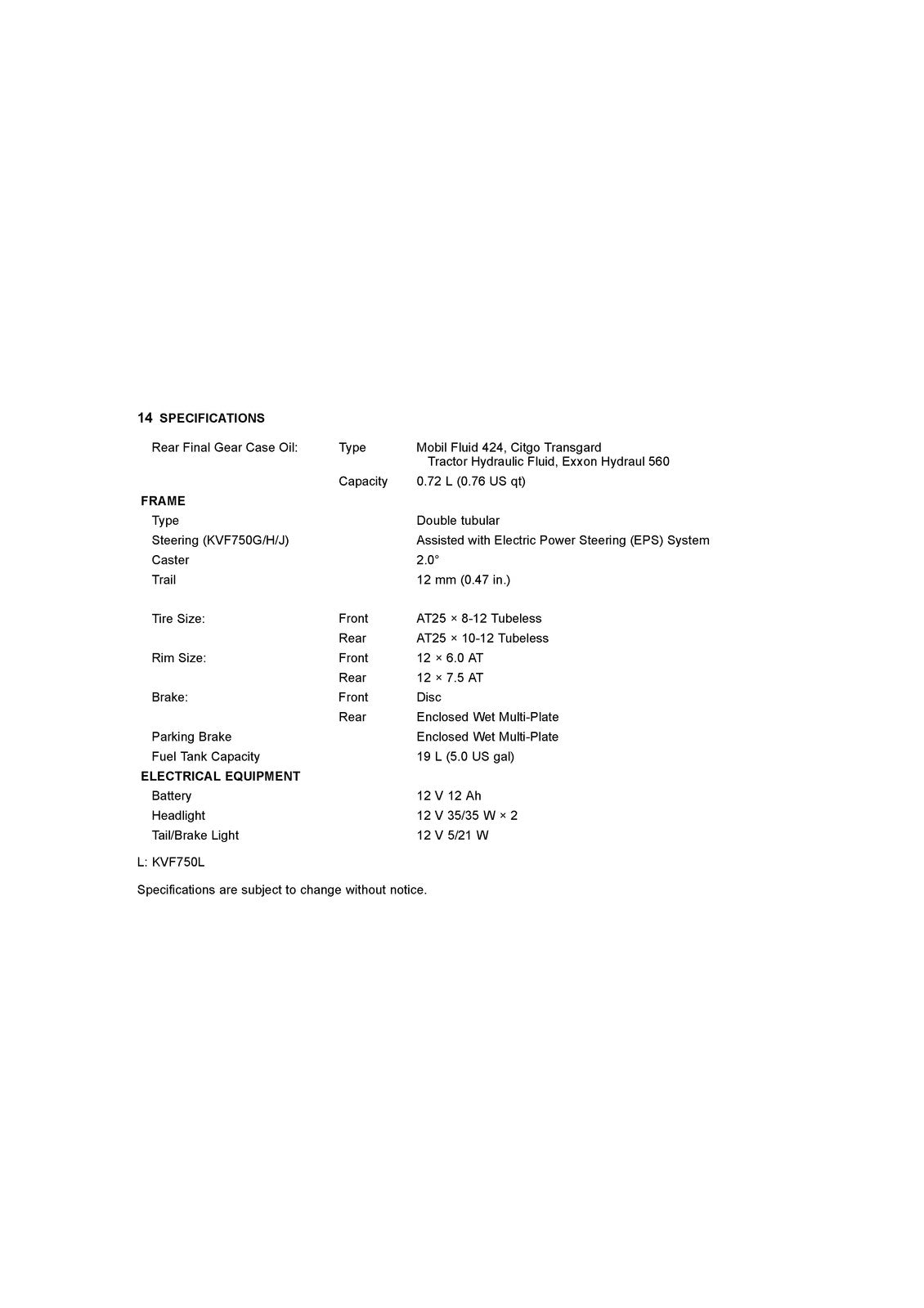 KAWASAKI Brute Force 750 4x4i ATV Owners Manual 2015 - WIRE BOUND - TOUGH COVERS