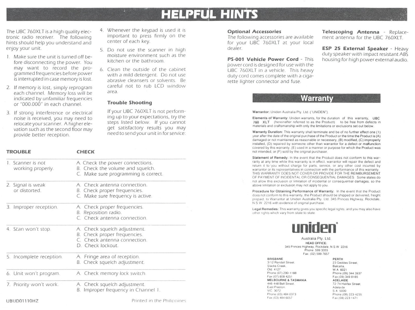 UNIDEN Bearcat UBC760XLT 100 Channel Scanner Owners Manual - WIRE BOUND - COVERS