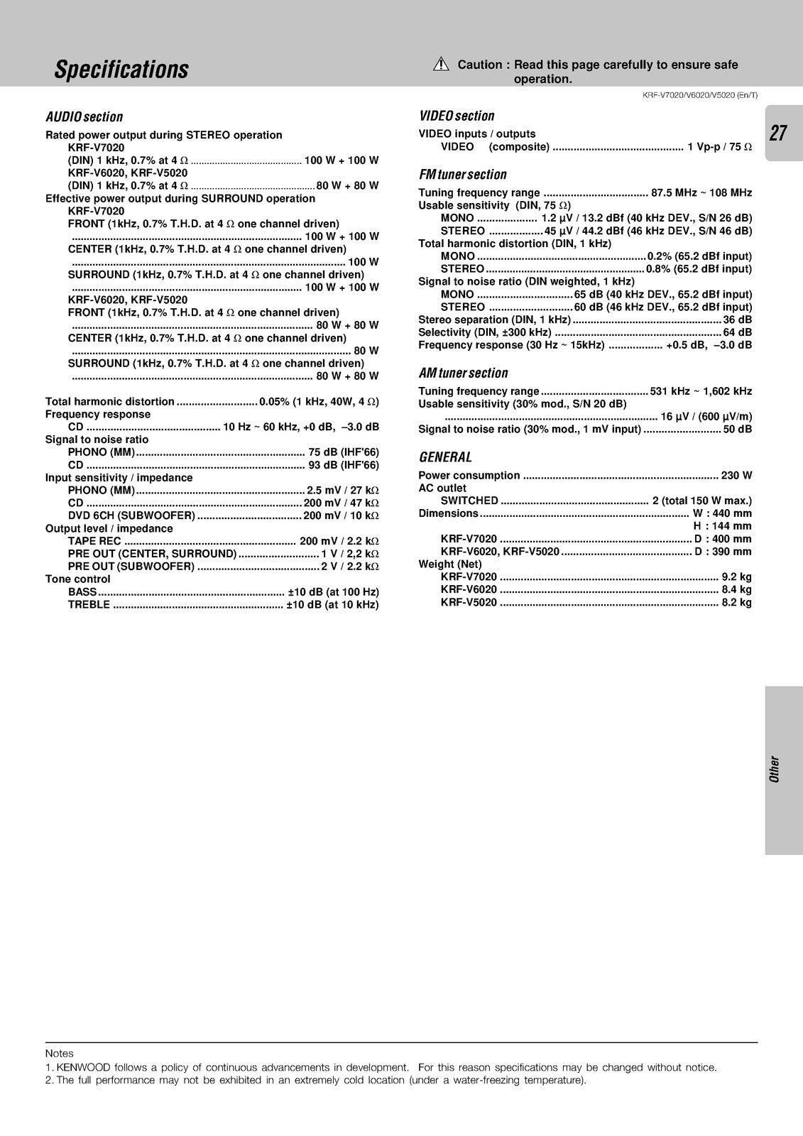 KENWOOD KRF-V7020 KRF-V6020 KRF-V5020 Instruction Manual - WIRE BOUND - COVERS