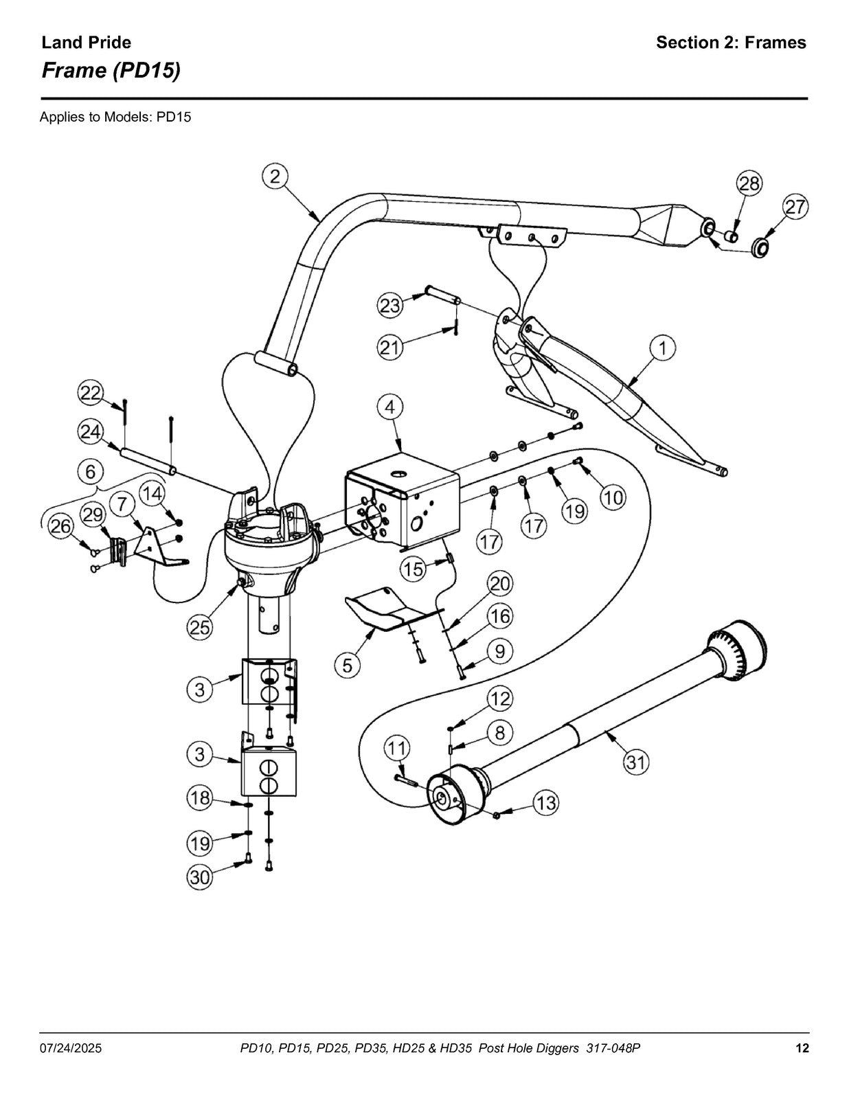 LAND PRIDE PD10 15 25 35 HD25 35 Post Hole Diggers Parts Manual 2025 - BOUND