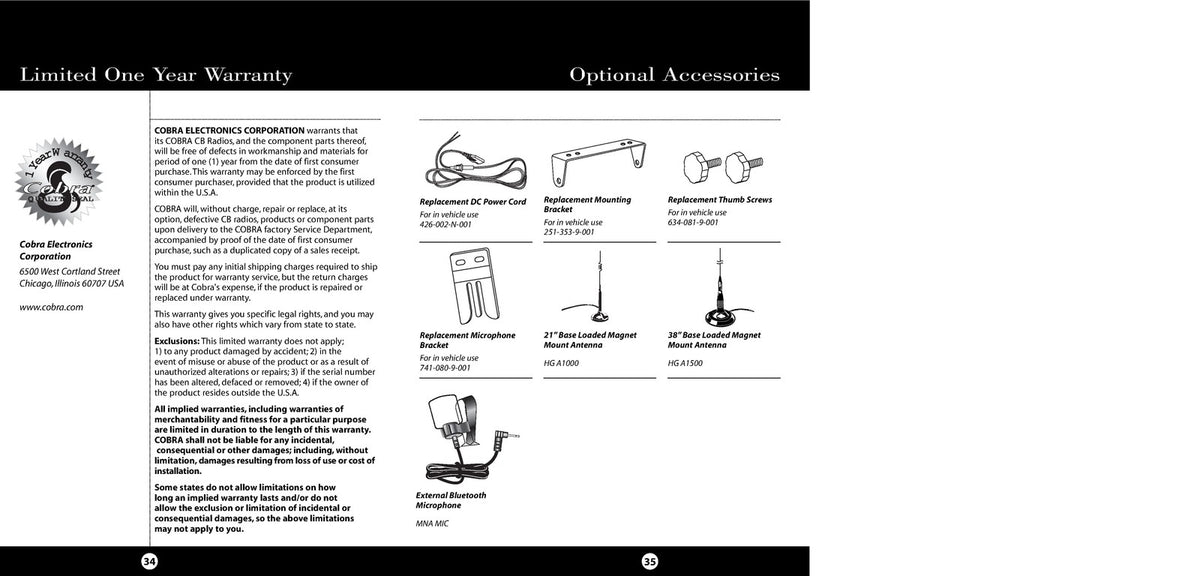 COBRA 29 LTD BT CB Radio Operating Instructions Manual 2008 - WIRE BOUND