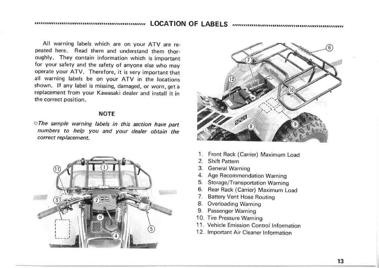 KAWASAKI Bayou 220 Owners Manual 1998 - STEEL WIRE BOUND - PROTECTIVE COVERS