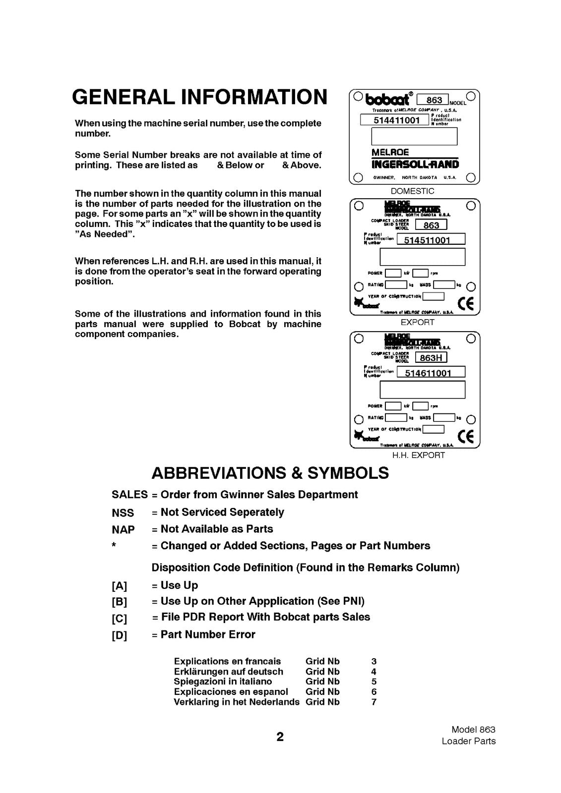 BOBCAT 863 Skid Steer Loader Parts Manual SN 514411001 Up 2001 - WIRE BOUND
