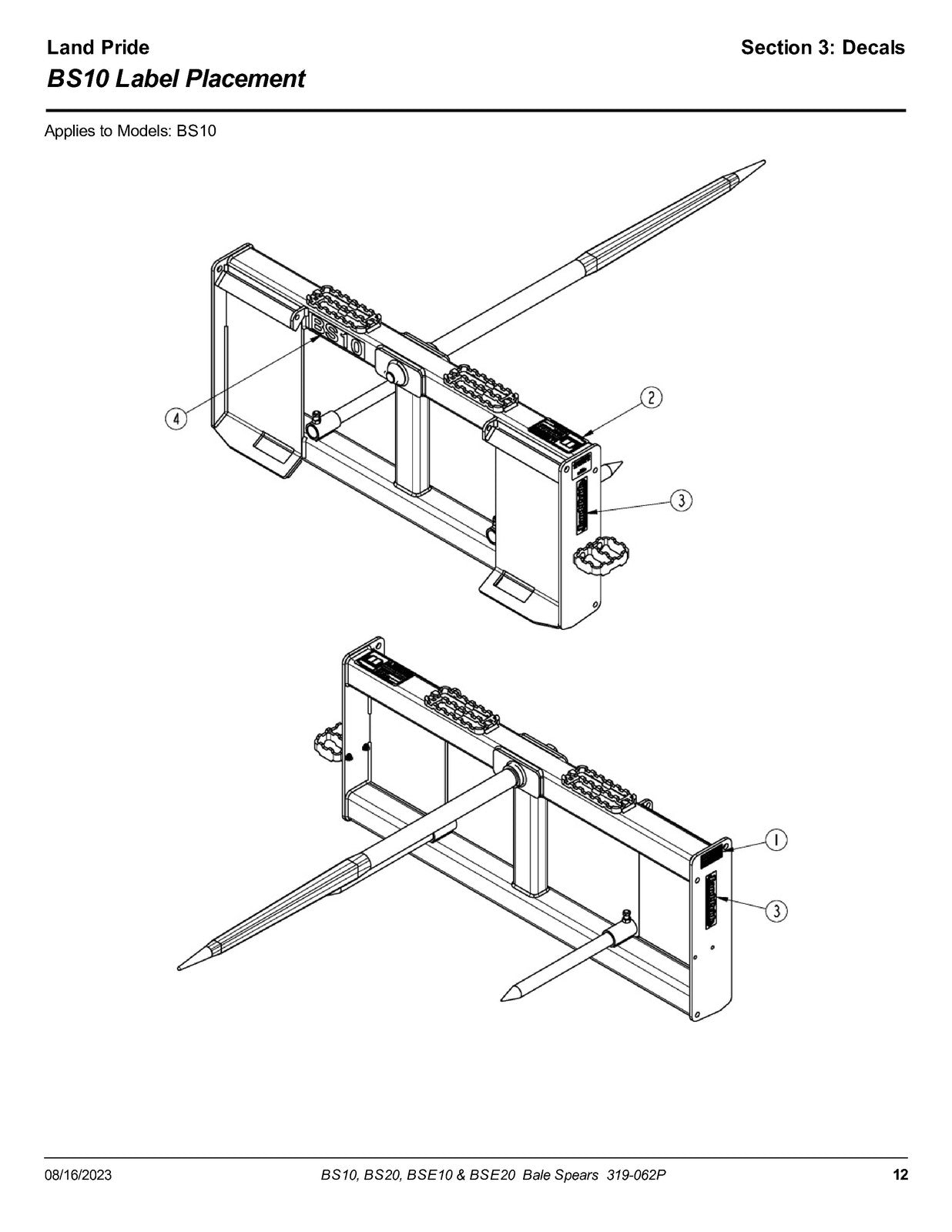 LAND PRIDE BS10 BS20 BSE20 Series Bale Spears Parts Manual 2023 - WIRE BOUND