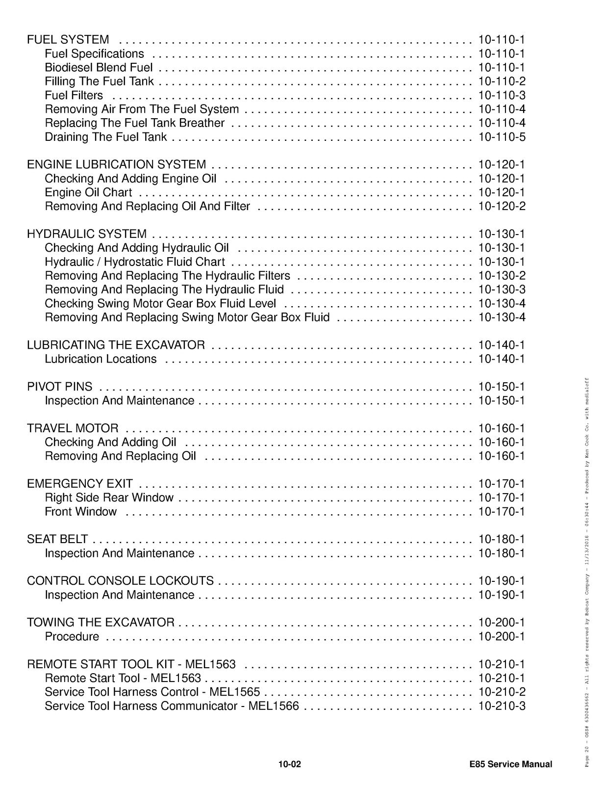 BOBCAT E85 Excavator Service Manual SN B48411001 Up - BOUND - COVERS - FOLDOUTS