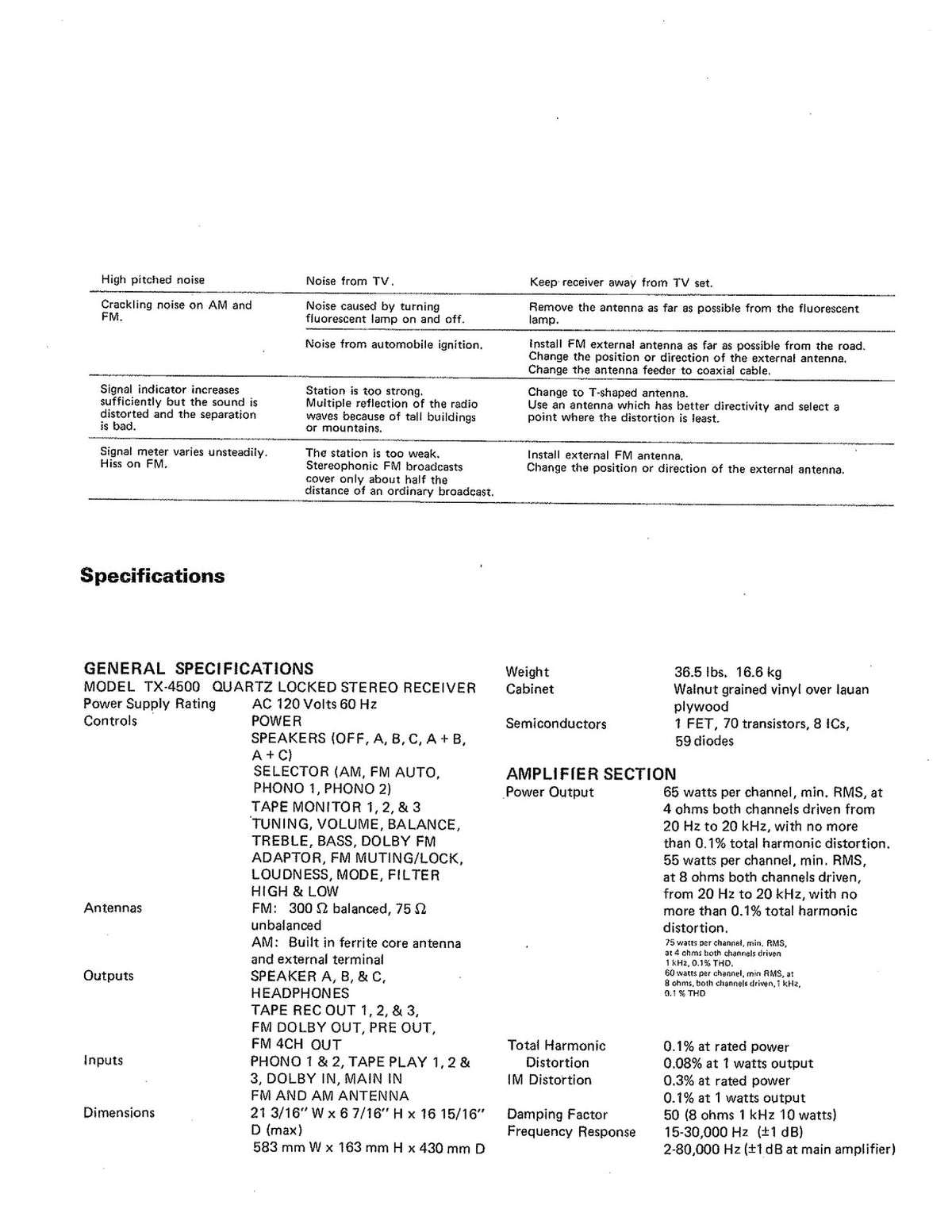 ONKYO TX-4500 Quartz Locked Stereo Receiver Instruction Manual - WIRE BOUND