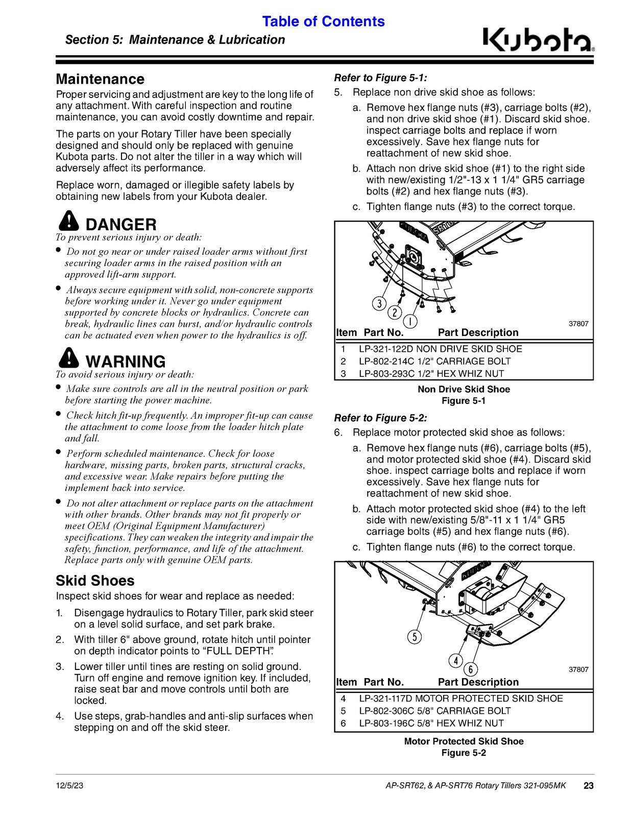 KUBOTA Land Pride AP-SRT62 AP-SRT76 Rotary Tiller Operators Manual - WIRE BOUND