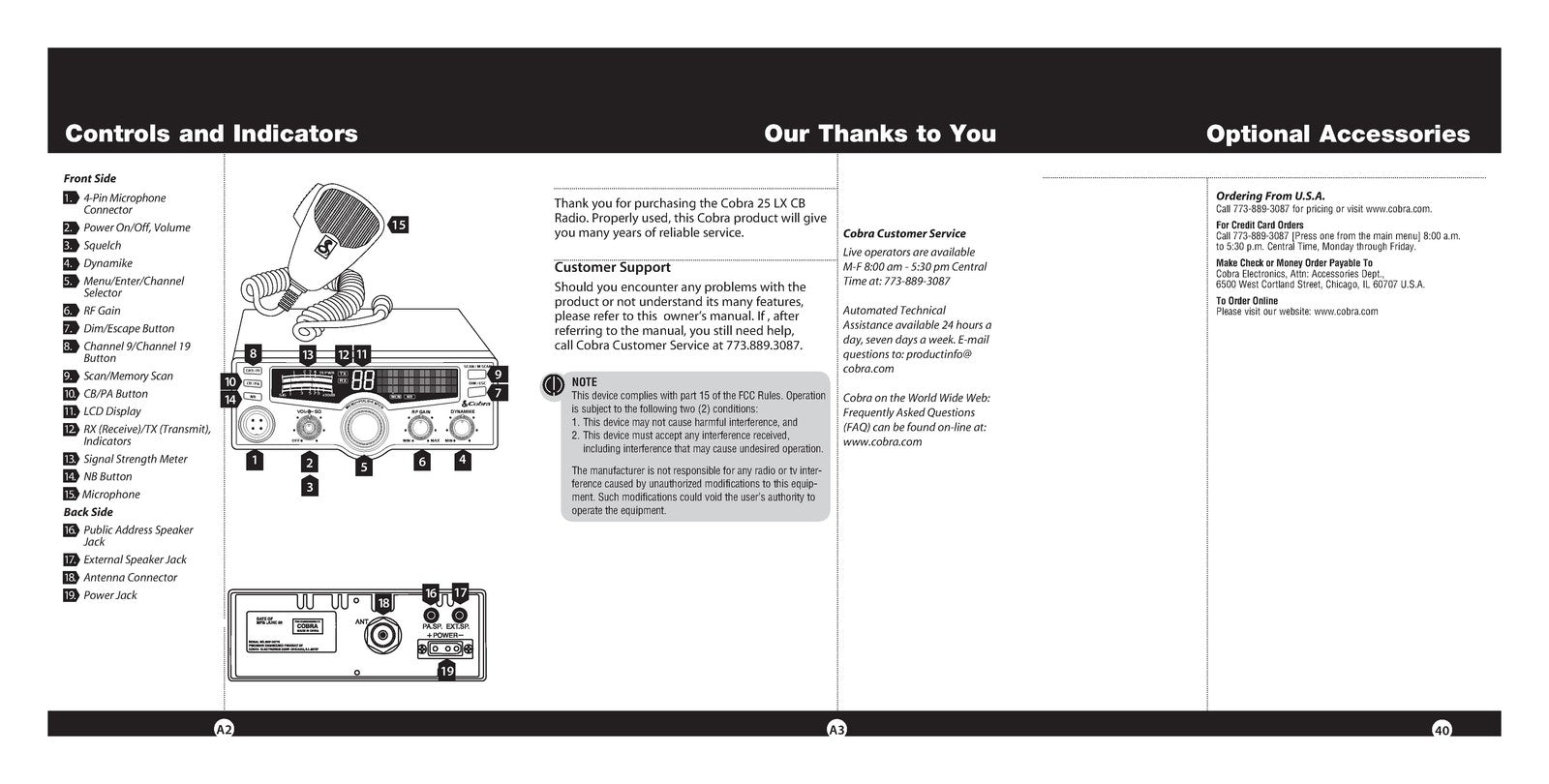 COBRA 25 LX CB Radio Owners Manual - BOUND - COVERS - XL FOLDOUT PAGES
