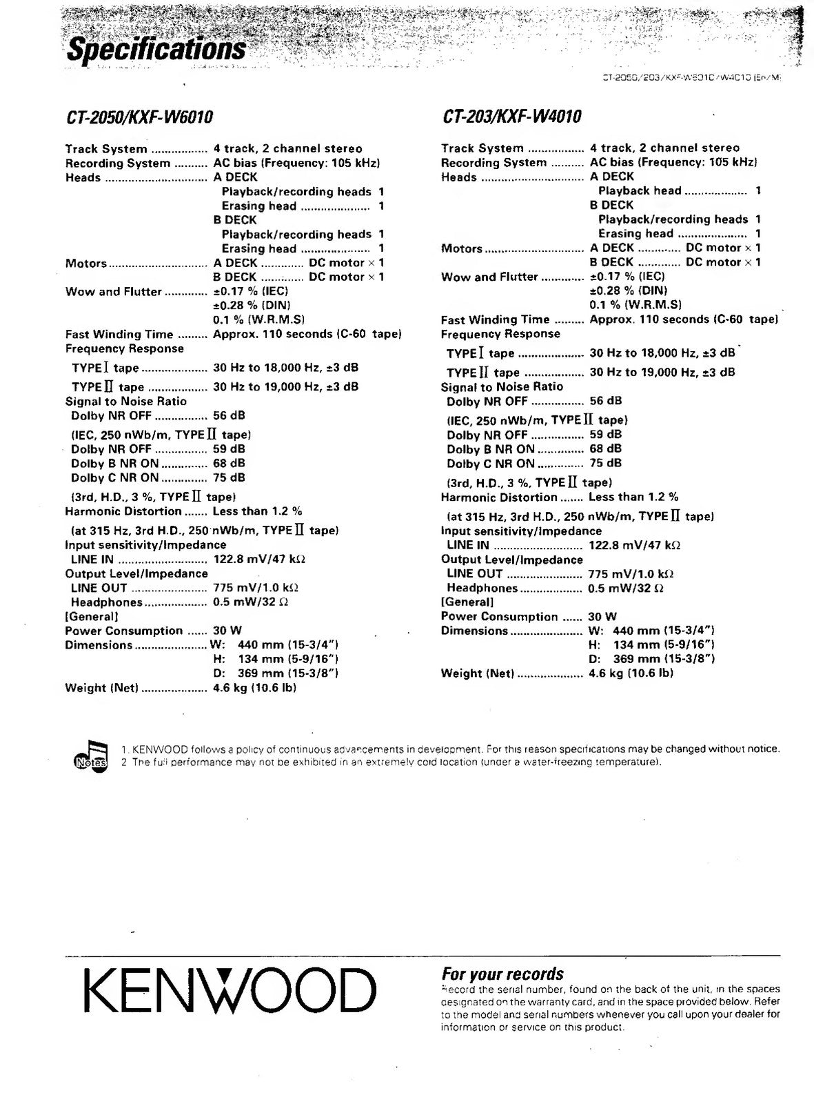 KENWOOD CT-203 2050 KXF-W4010 6010 Stereo Cassette Deck Instruction Manual
