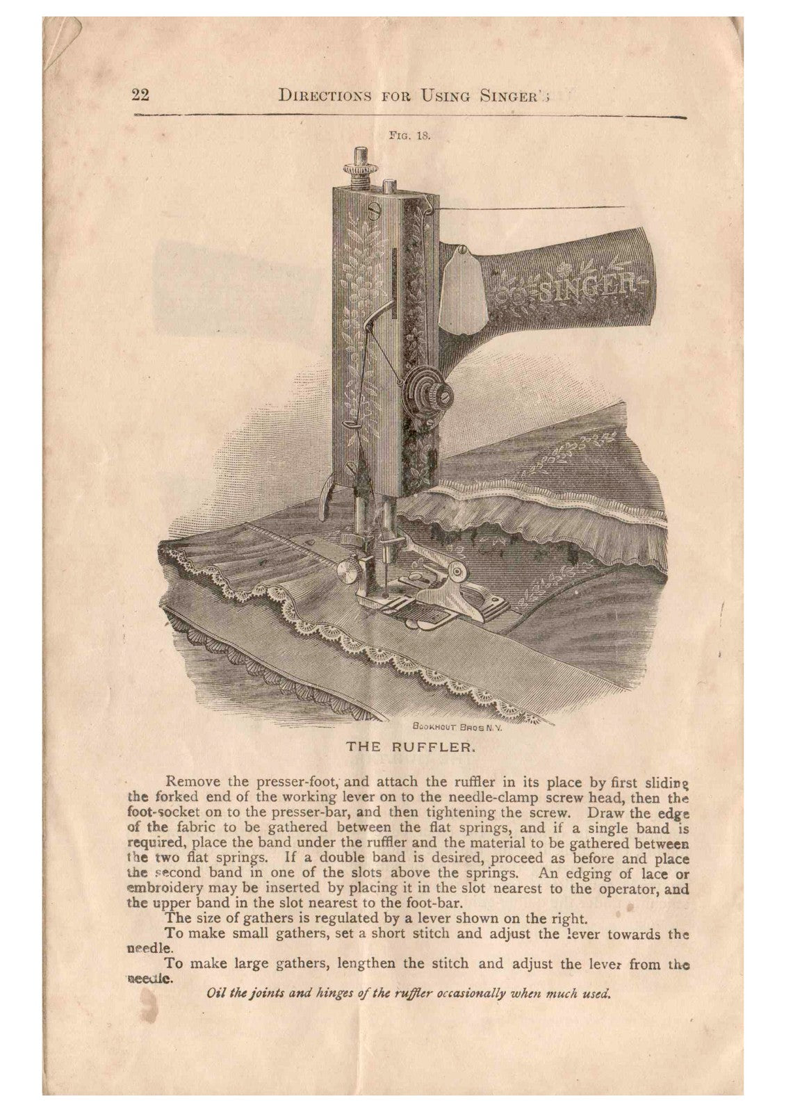 SINGER Vibrating Shuttle Sewing Machine Directions Manual 1891 - WIRE BOUND