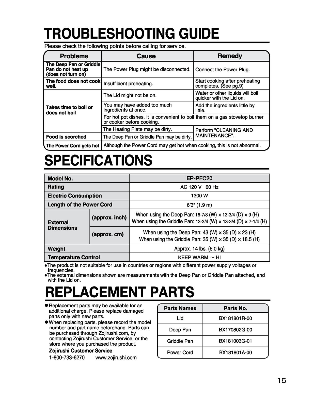 ZOJIRUSHI EP-PFC20 Gourmet dExpert Electric Operating Instructions Manual
