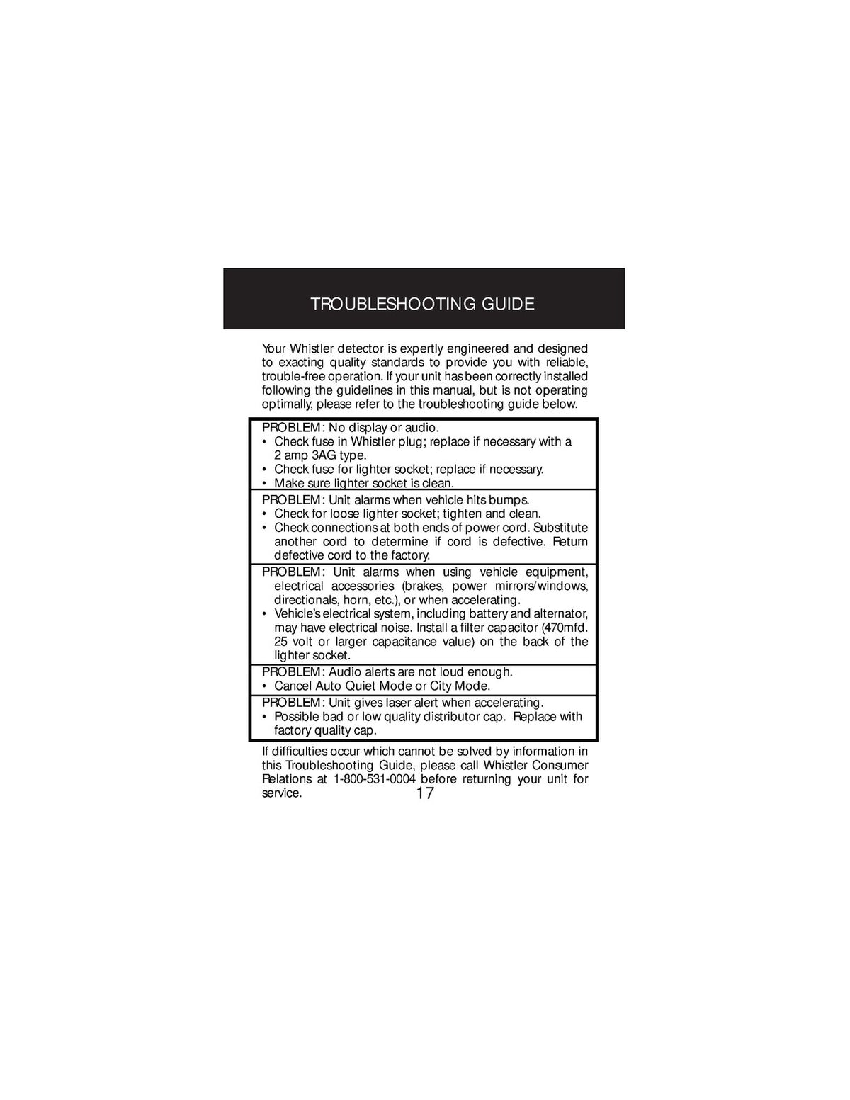 WHISTLER 1650 Series Laser Radar Detector Owners Manual - WIRE BOUND - COVERS