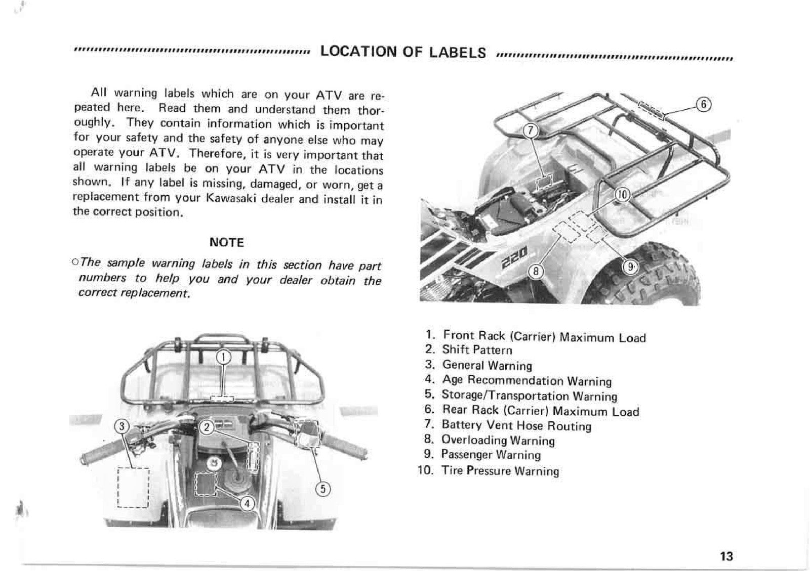 KAWASAKI Bayou 220 Owners Manual 1994 - STEEL WIRE BOUND - PROTECTIVE COVERS