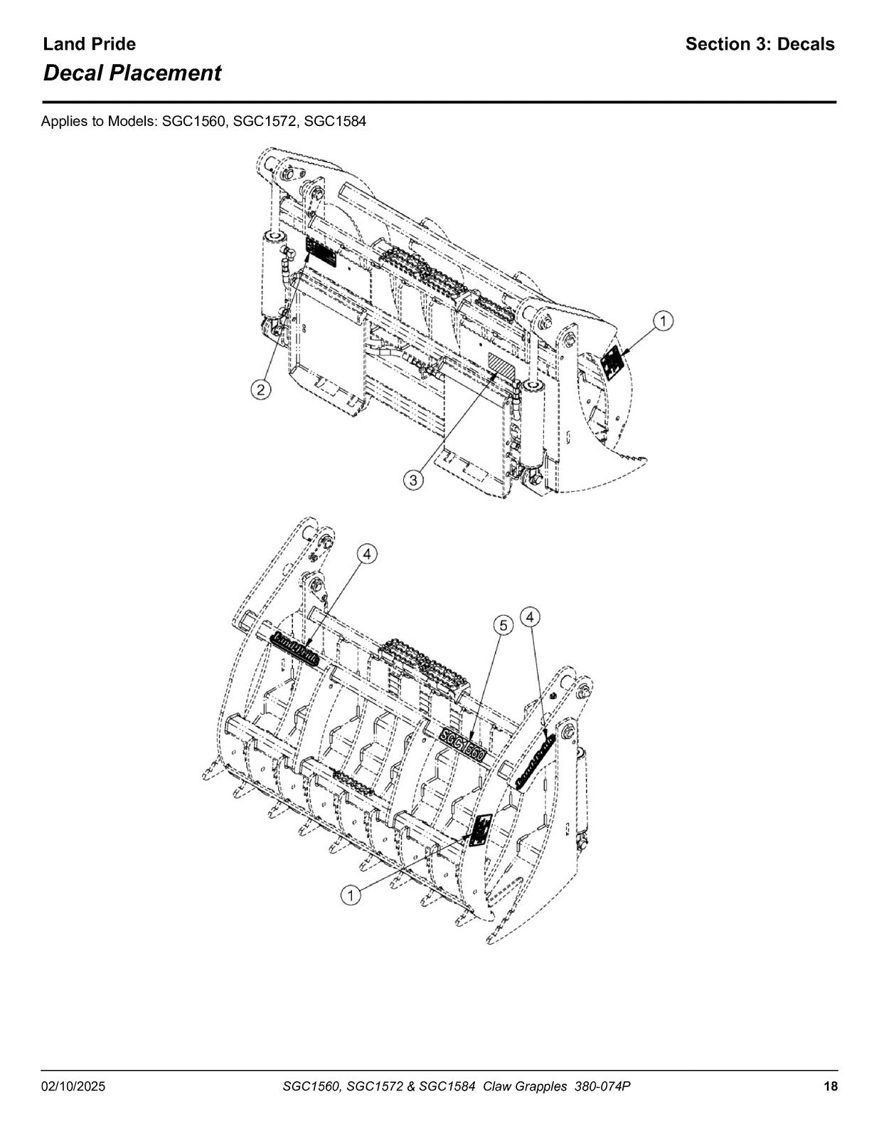 LAND PRIDE SGC15 Series Claw Grapples Parts Manual 2025 - WIRE BOUND - COVERS