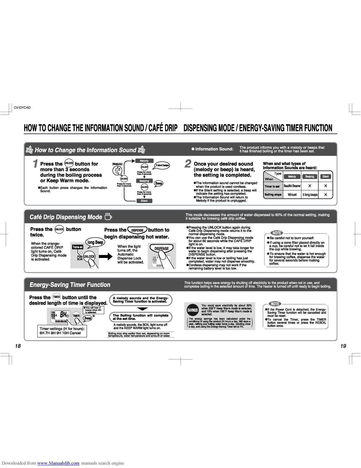 ZOJIRUSHI CV-DYC40 VE Hybrid Water Boiler Operating Instructions Manual - BOUND
